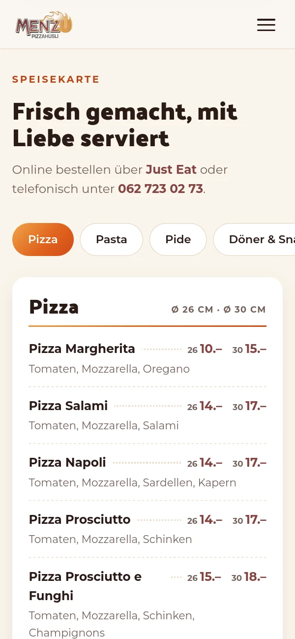 Menzu Pizzahüsli auf dem Handy